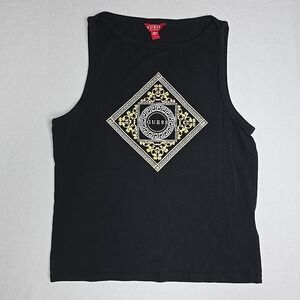 Guess Womens Tank Top‎ Gold Silver Logo Black Size L Large Rhinestone Summer